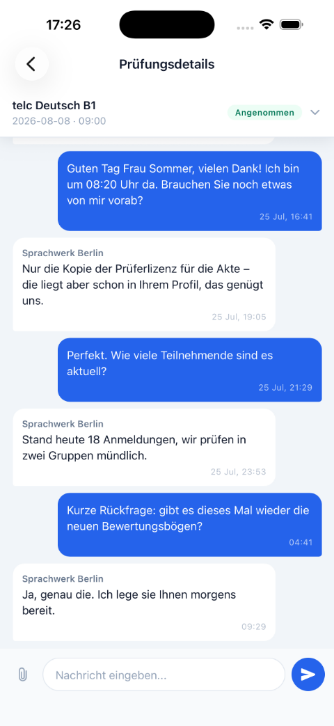 Sprachschulwerk-App auf dem iPhone: Prüfungsdetails und direkter Chat mit der Sprachschule