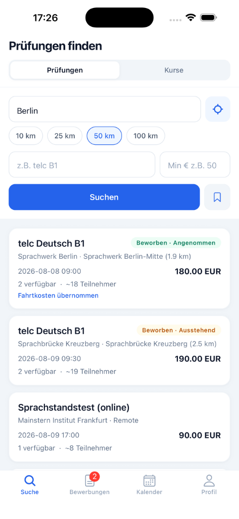 Sprachschulwerk-App auf dem iPhone: Prüfungen in der Nähe finden